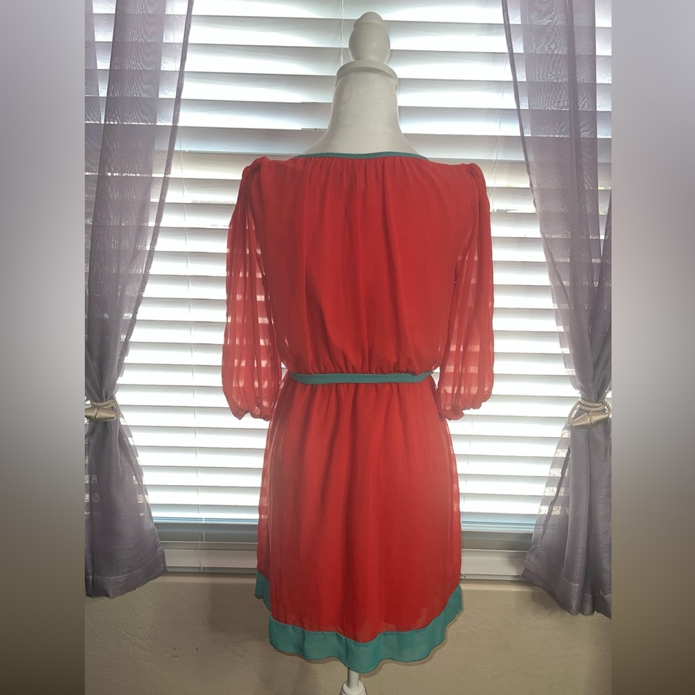 Enfocus Petite Dress in Orange and Aqua Blue with Sexy Opening in the Sleeve - Picture 2 of 6